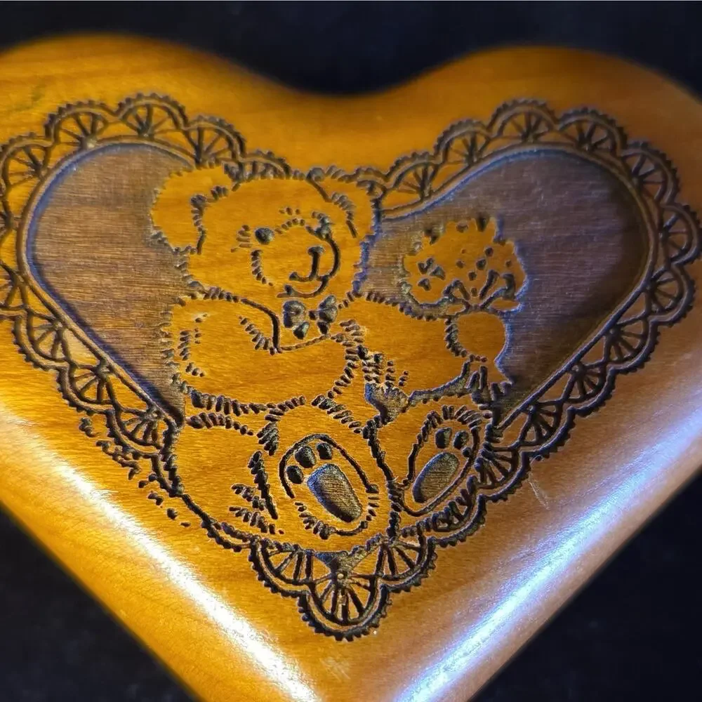 Vintage Wooden Heart Trinket Box Laser Etched Teddy Bear Jewelry Keepsake Case